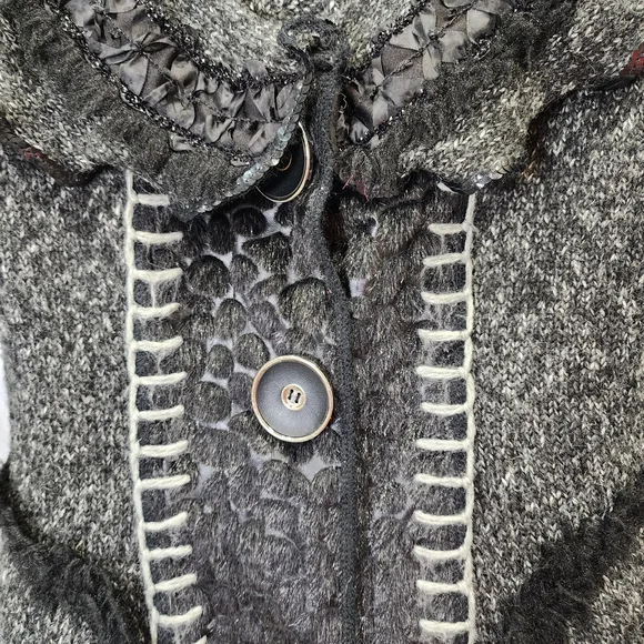 Romantic Knit Cardigan Charcoal Gray Ruffle Trim Vintage Style Button Front Size - Picture 5 of 12